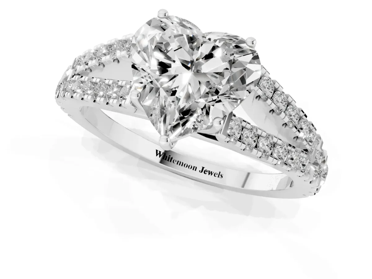 Heart Cut Diamond Split Shank Pavé Engagement Ring with Four-Prong Setting White gold