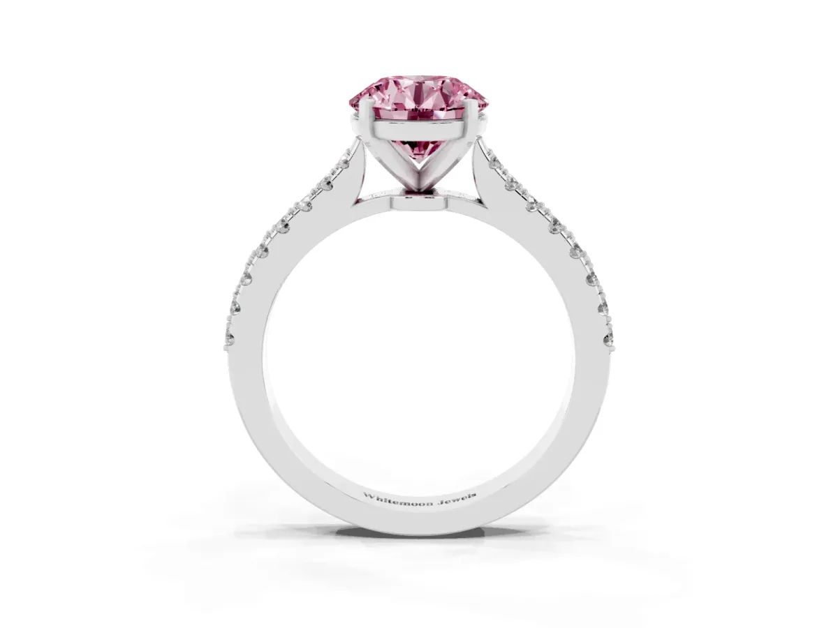 Fancy Pink Round Cut Cut Solitaire Diamond Engagement Ring with Pave Band and Four-Prong Setting White gold