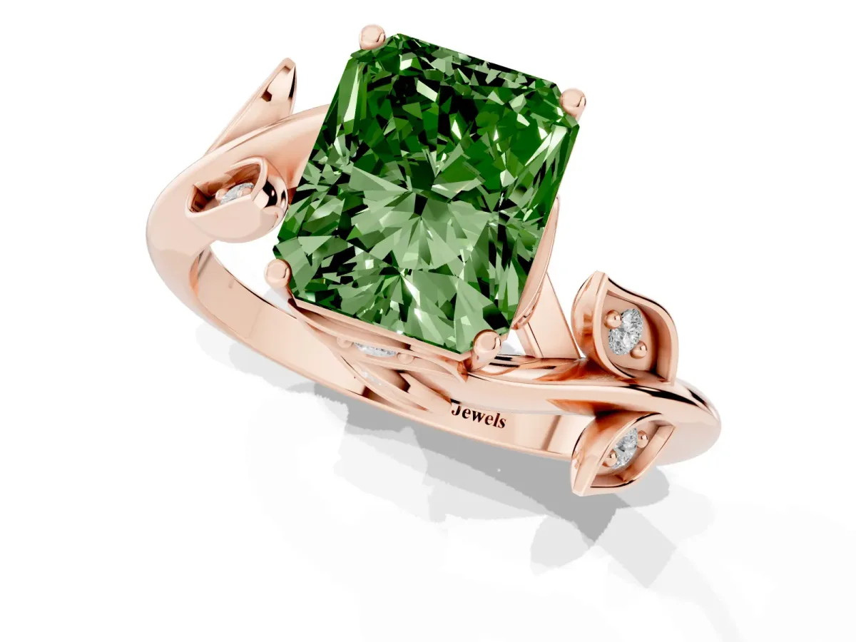 Fancy Green Radiant Cut Solitaire Twist Engagement Ring with Leaf Accents and Prong Setting Rose gold