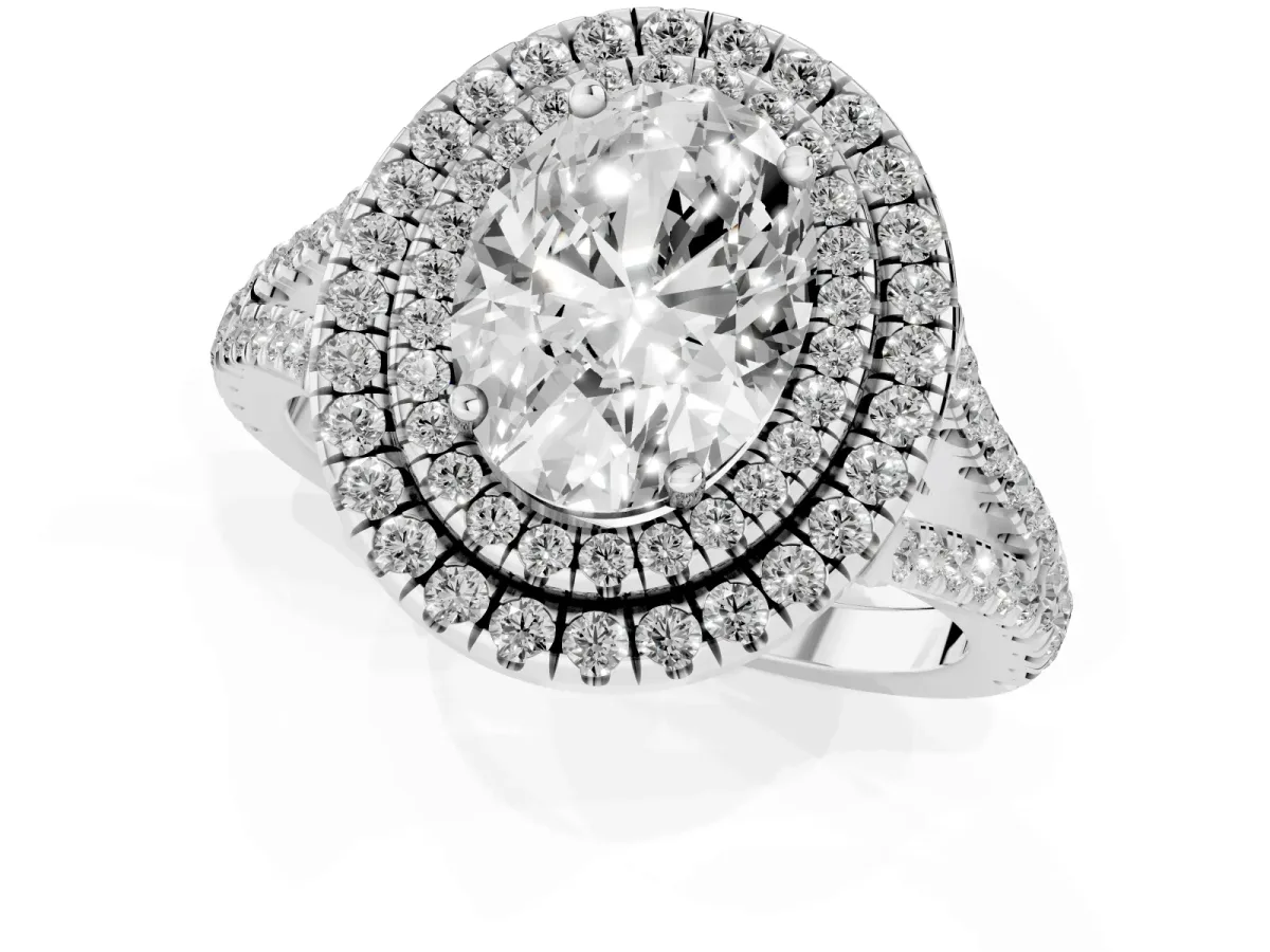 Oval Cut Diamond Double Halo Ring with Pavé Band and Prong Setting Silver