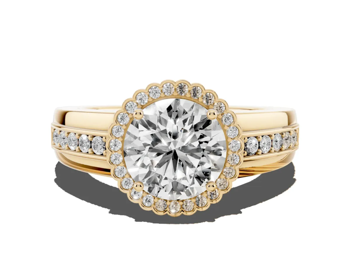 Round Cut Cut Halo Pave Band Four-Prong Ring Yellow gold