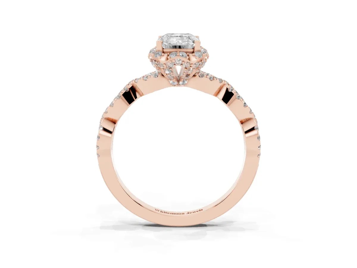 Emerald Cut Halo Twist Band Solitaire Ring with Six-Prong Setting Rose gold