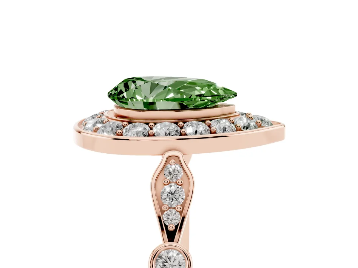 Fancy Green Pear Cut Halo Diamond Engagement Ring with Twisted Band and Four-Prong Setting Rose gold