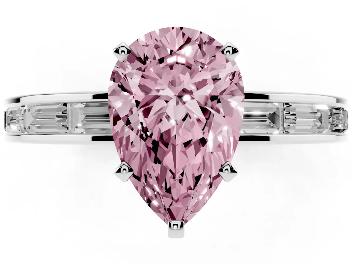 Fancy Pink Pear Cut Solitaire Diamond Ring with Channel-Set Baguette Band and Four-Prong Setting White gold