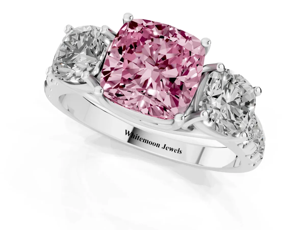Fancy Pink Three-Stone Cushion Cut Diamond Pavé Band with Prong Setting Platinum