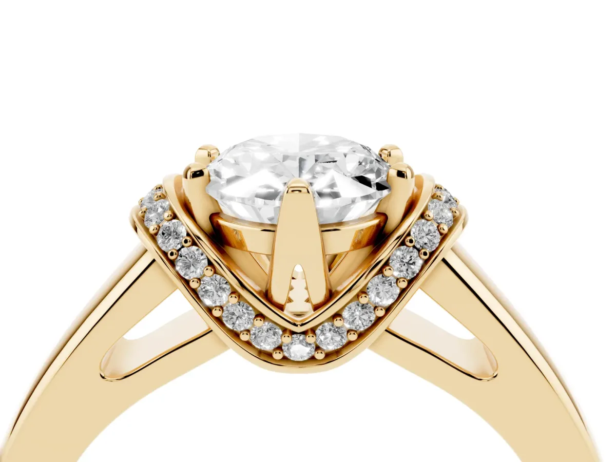 Oval Cut Solitaire Diamond Ring with Pave Band and Six-Prong Setting Yellow gold