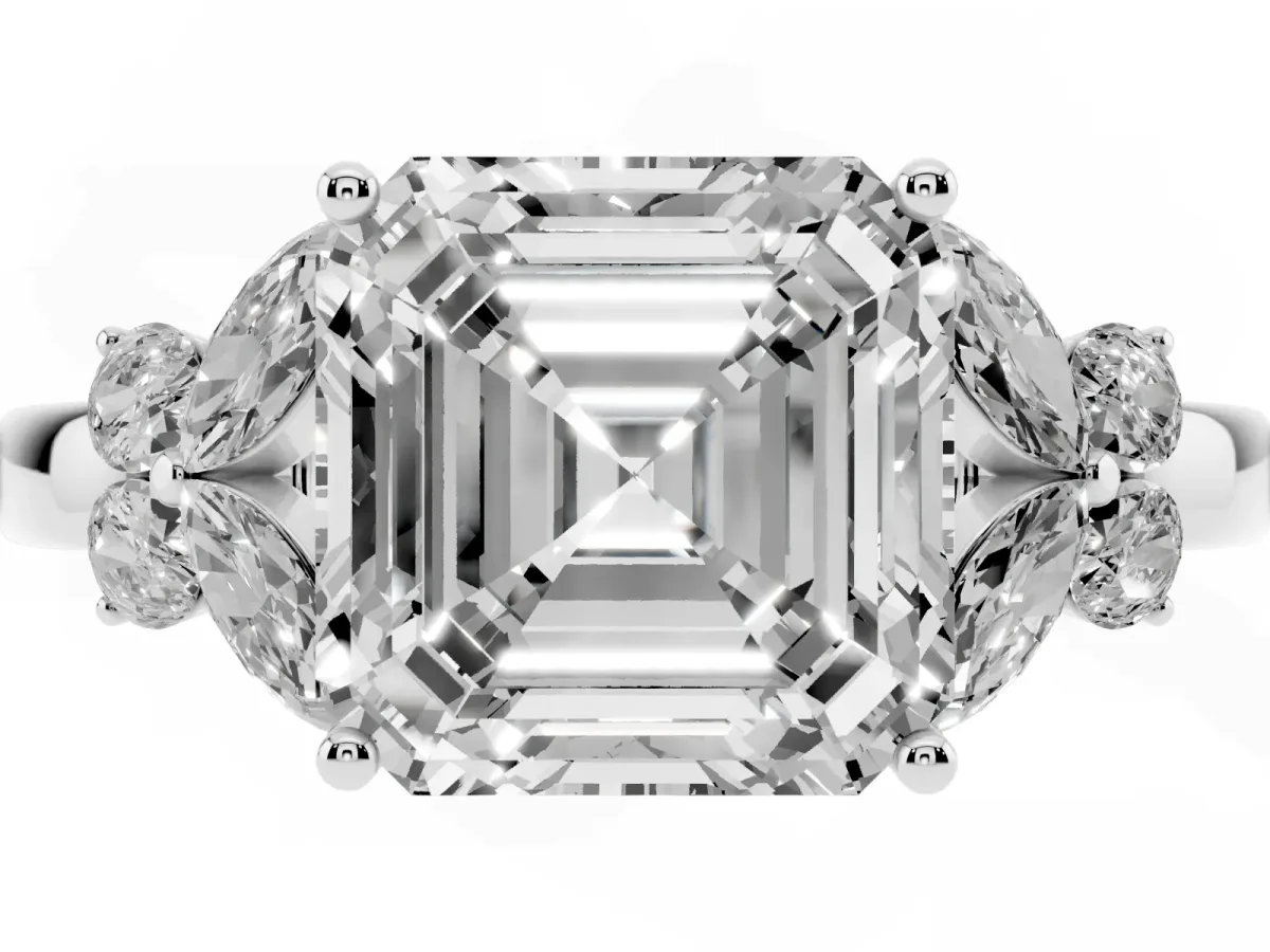 Asscher Cut Cut Solitaire Floral Diamond Ring with Four-Prong Setting Silver