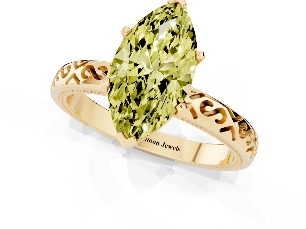 Fancy Yellow Marquise Cut Solitaire Engagement Ring with Scrollwork Band and Four-Prong Setting Yellow gold