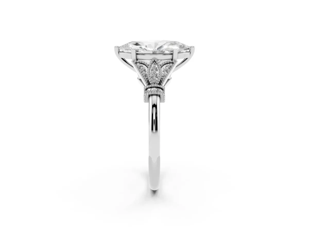 Marquise Cut Diamond Solitaire Ring with Floral Filigree and Pave Accents White gold
