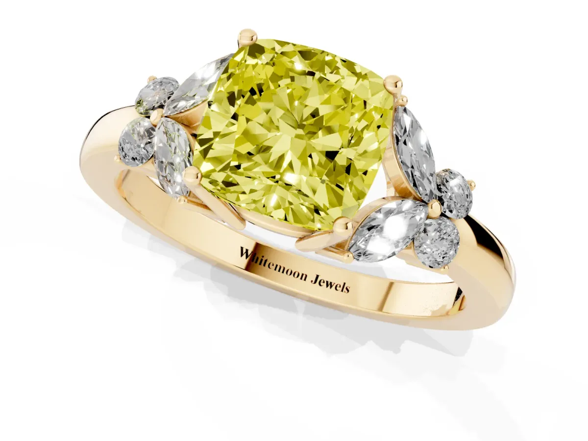 Fancy Yellow Cushion Cut Cut Solitaire Floral Diamond Ring with Four-Prong Setting Yellow gold