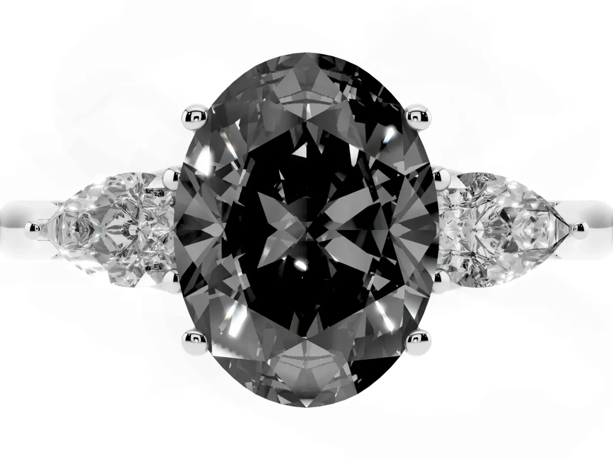 Fancy Black Three-Stone Oval Cut Brilliant Diamond Solitaire Ring with Tapered Band and Four-Prong Setting Silver