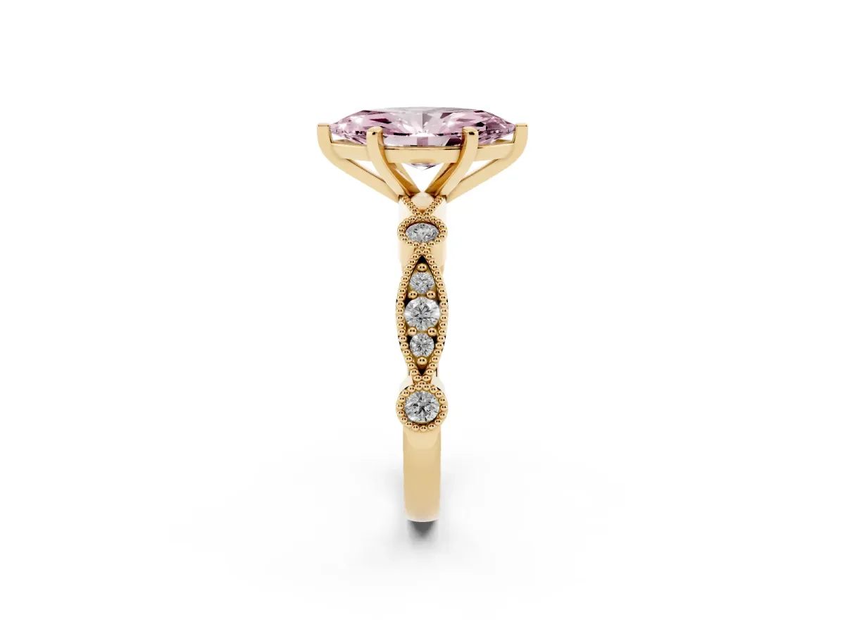 Fancy Pink Marquise Cut Milgrain Bezel Diamond Engagement Ring with Solitaire Prong Setting Yellow gold