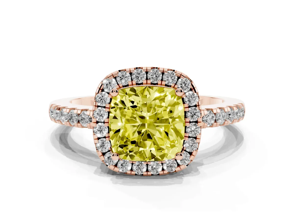 Fancy Yellow Cushion Cut Halo Diamond Engagement Ring with Pavé Band and Four-Prong Setting Rose gold