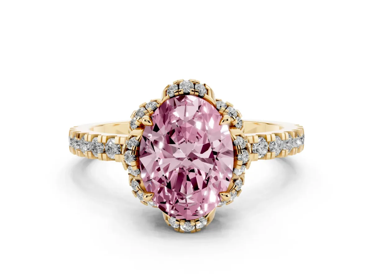 Fancy Pink Oval Cut Diamond Halo Pave Band with Four-Prong Setting Yellow gold