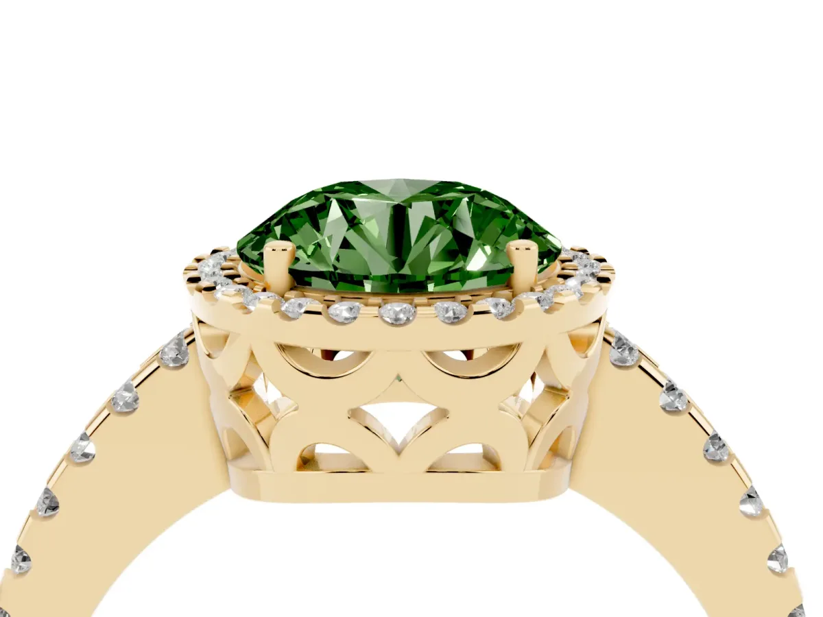 Fancy Green Round Cut Diamond Halo Engagement Ring with Pavé Band and Prong Setting Yellow gold