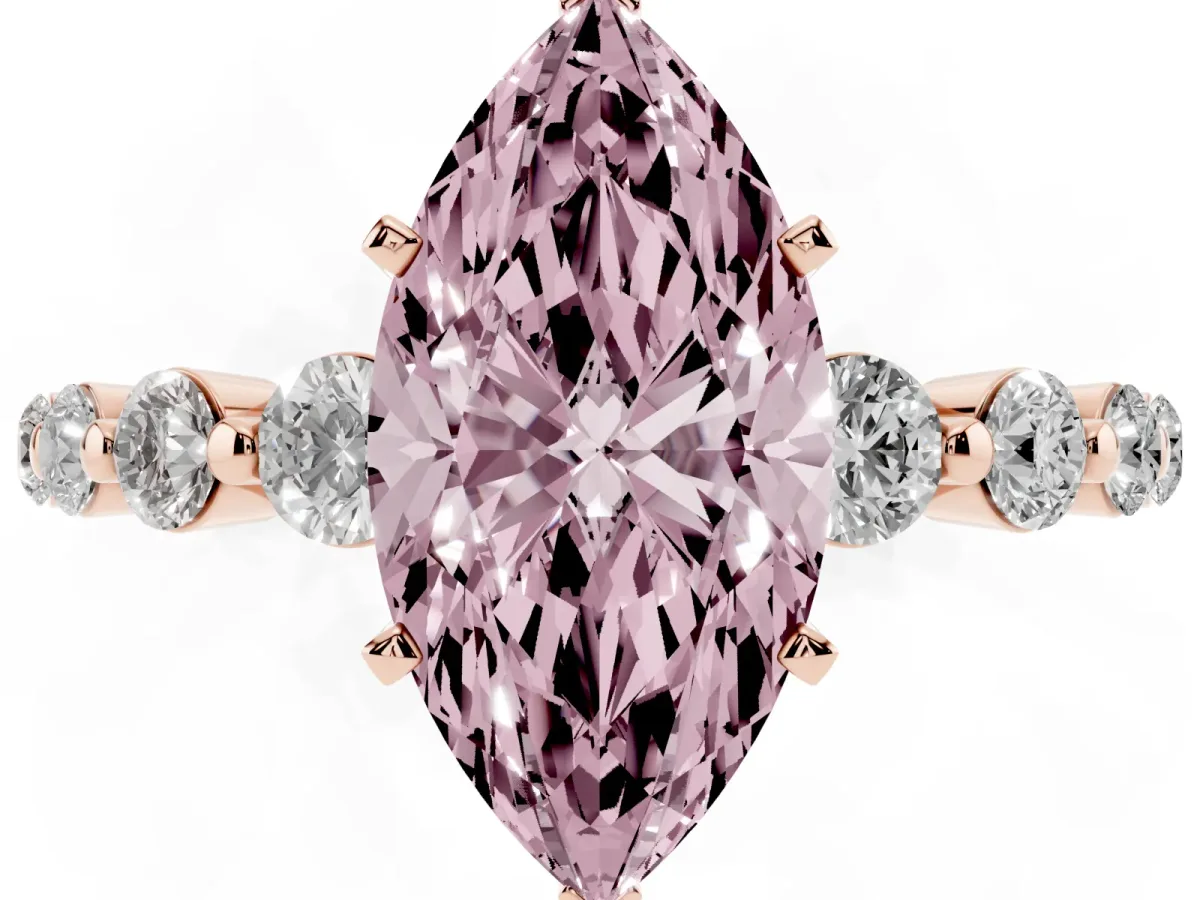 Fancy Pink Marquise Cut Solitaire Diamond Ring with Pave Band and Four-Prong Setting Rose gold
