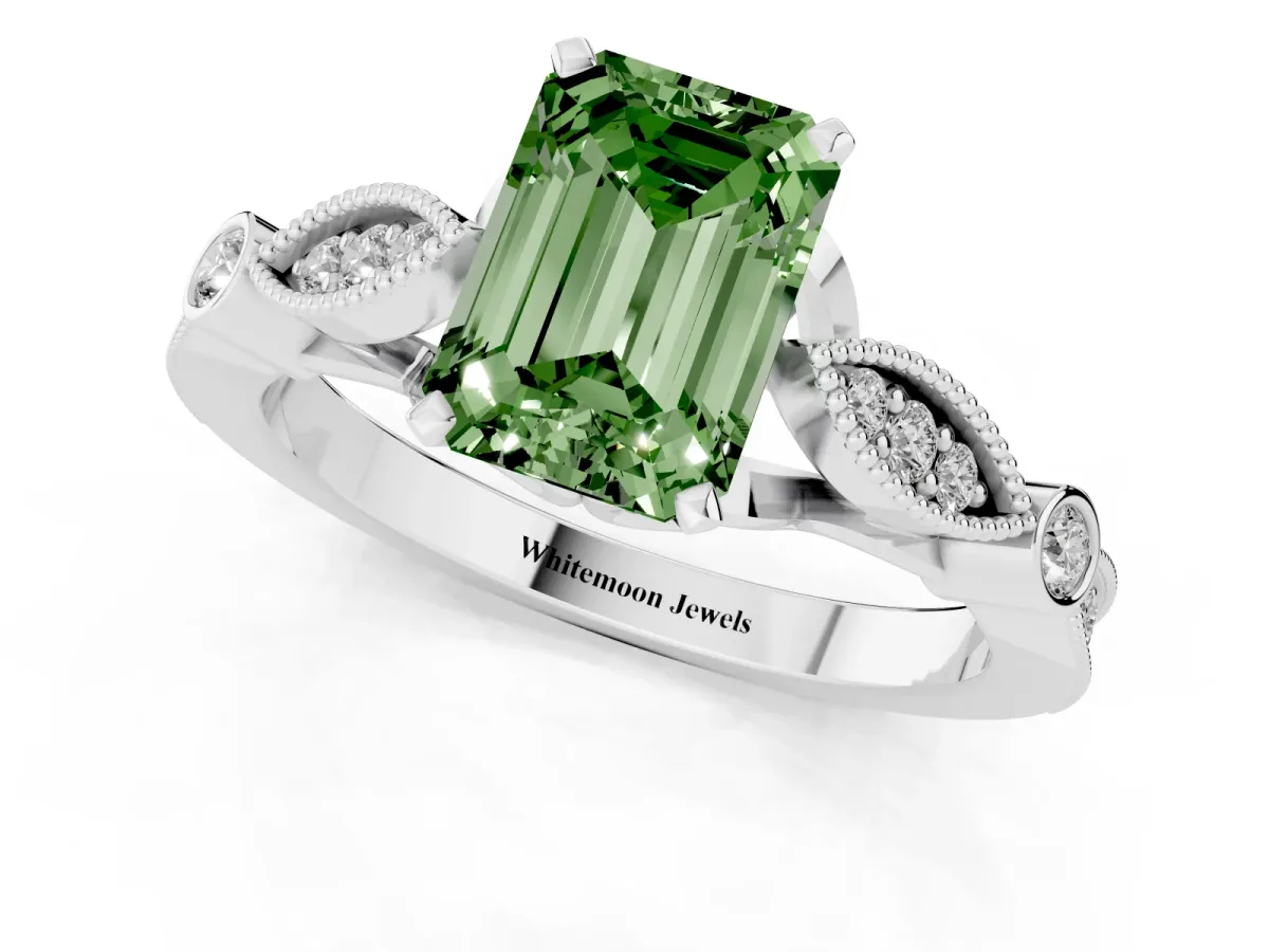 Fancy Green Emerald Cut Cut Diamond with Milgrain Marquise and Bezel Accents on a Solitaire Band with Prong Setting Silver