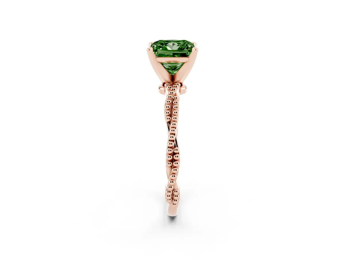 Fancy Green Princess Cut Solitaire Twisted Band with Bead Prong Setting Rose gold