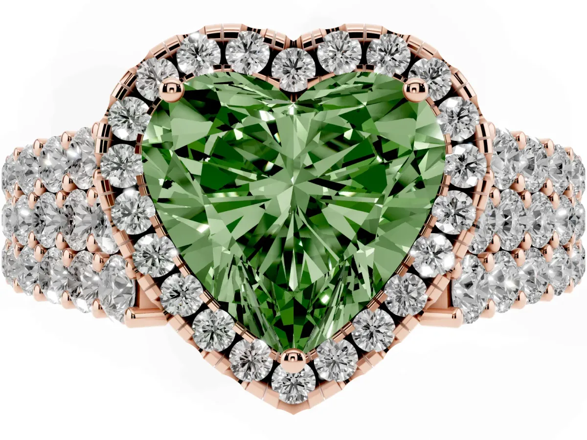 Fancy Green Heart Cut Diamond Halo Engagement Ring with Triple Row Round Pavé Band and Prong Setting Rose gold