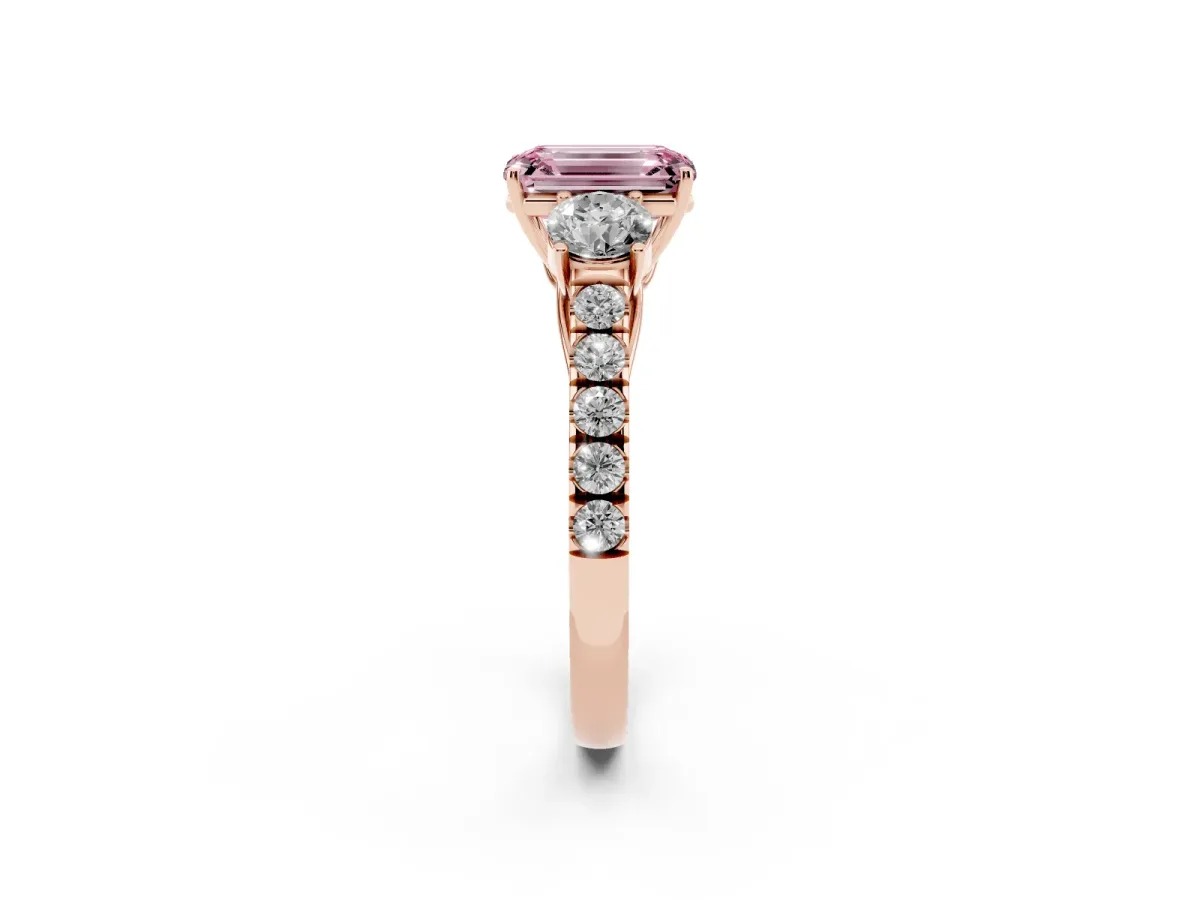 Fancy Pink Emerald Cut Cut Diamond Three-Stone Ring with Round Side Stones and Pavé Band Rose gold