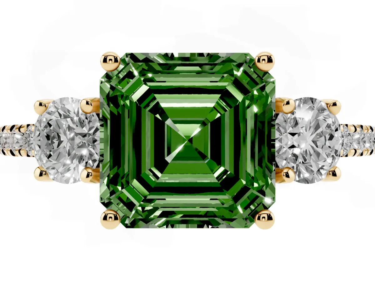 Fancy Green Three-Stone Asscher Cut Cut Diamond Pavé Band with Prong Setting Yellow gold