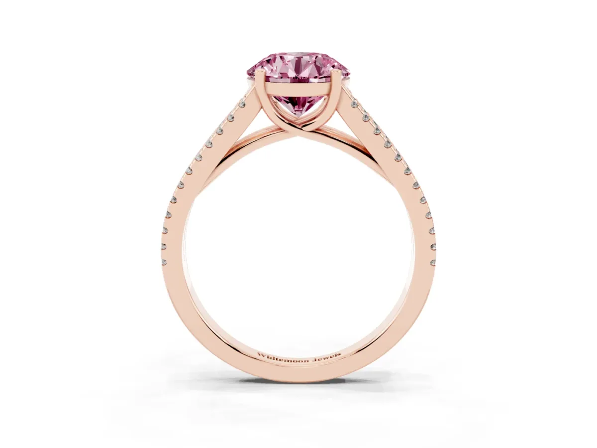 Fancy Pink Round Cut Diamond Solitaire Engagement Ring with Split Shank Pavé Band Rose gold