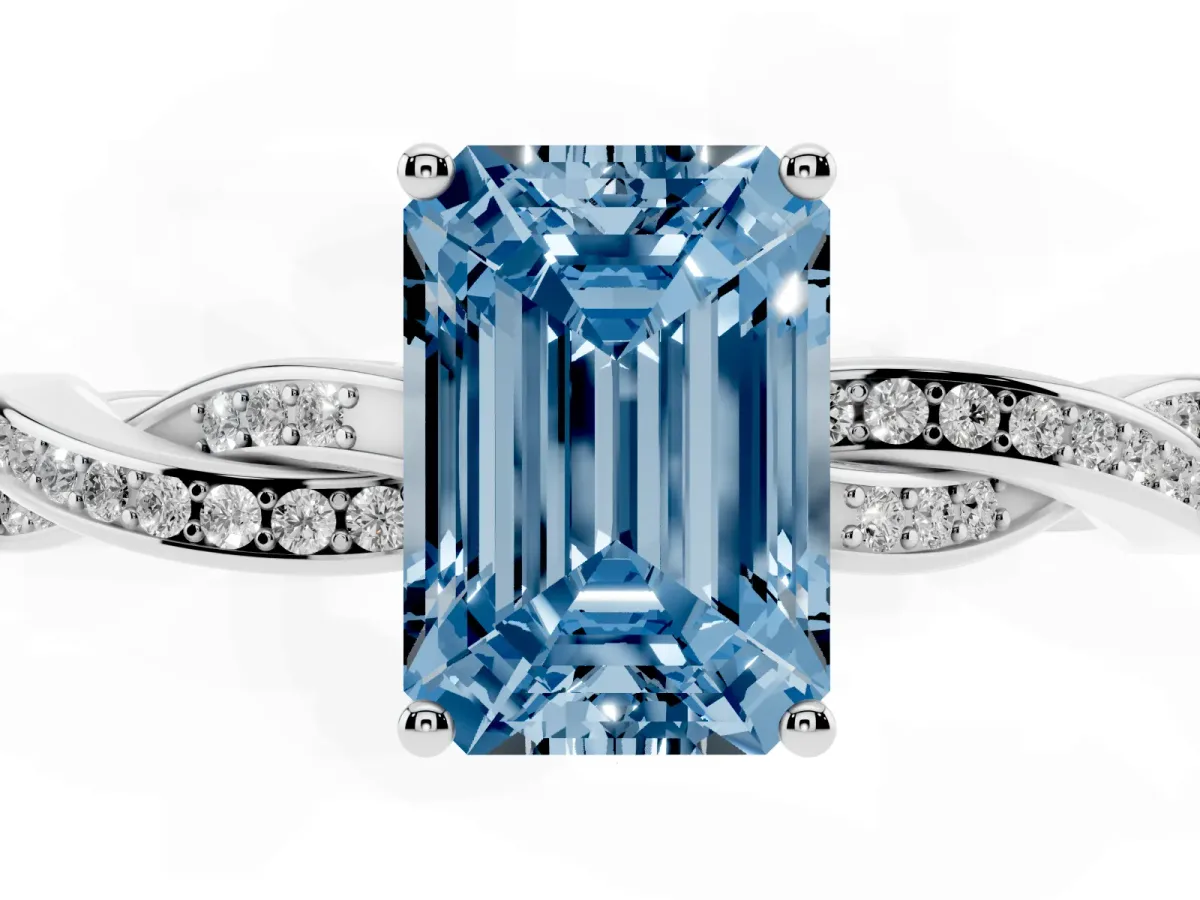 Fancy Blue Emerald Cut Solitaire Twisted Pave Diamond Ring with Four-Prong Setting White gold