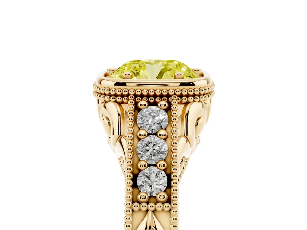 Fancy Yellow Bezel Set Cushion Cut Diamond Milgrain Pave Engagement Ring Yellow gold