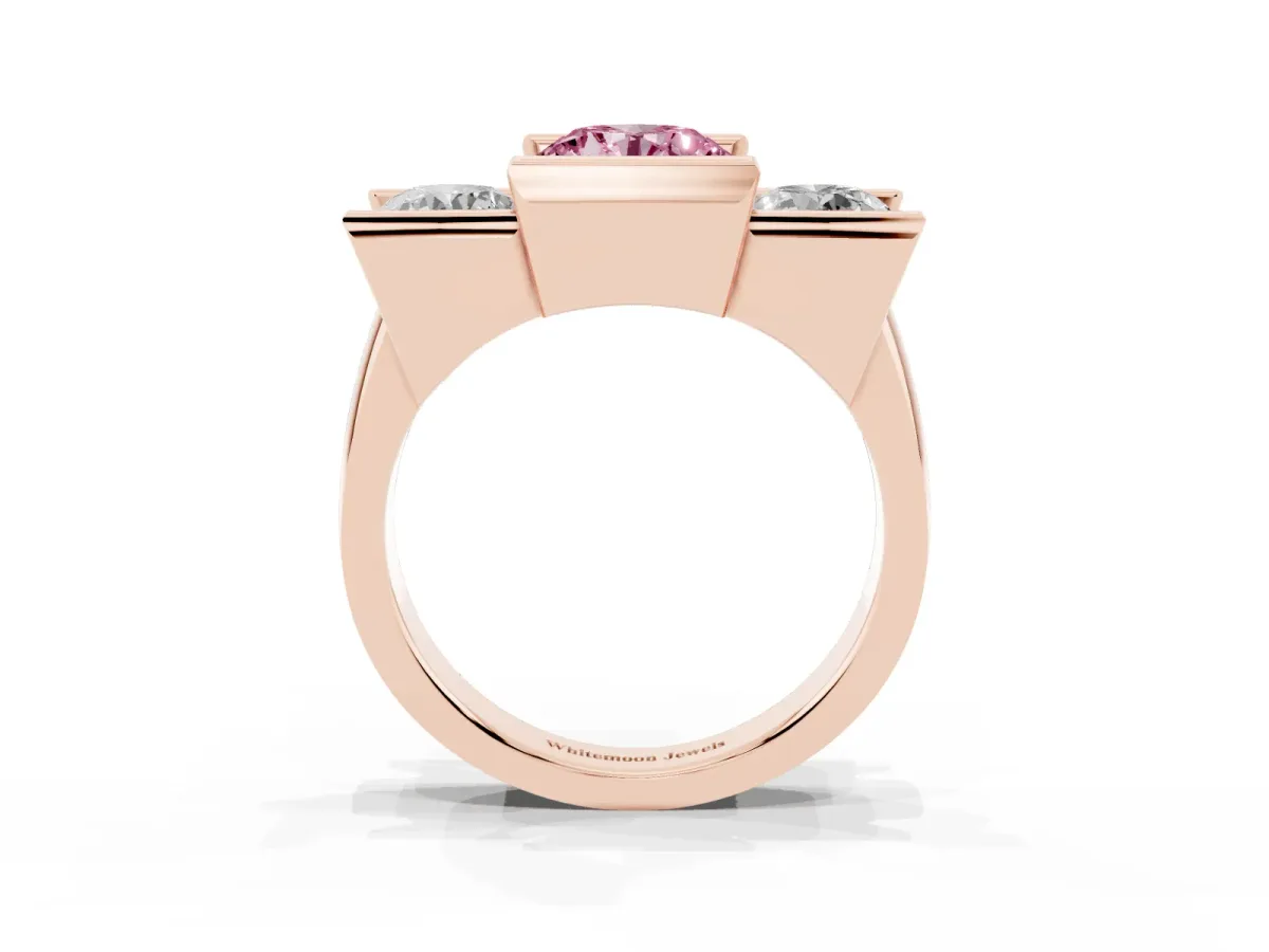 Fancy Pink Three Stone Round Cut Cut Channel Set Diamond Ring Rose gold