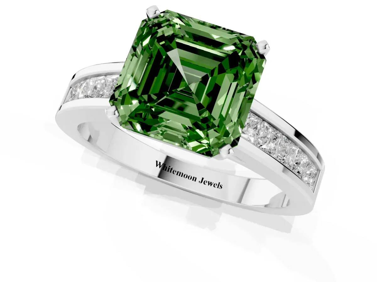 Fancy Green Asscher Cut Solitaire Diamond Ring with Channel-Set Band and Four-Prong Setting Silver