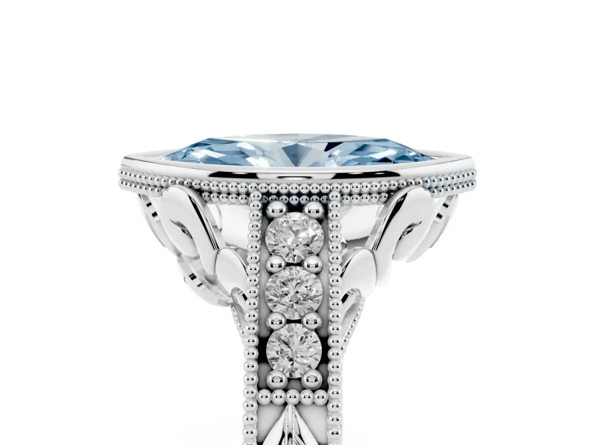 Fancy Blue Bezel Set Marquise Cut Diamond Milgrain Pave Engagement Ring Silver