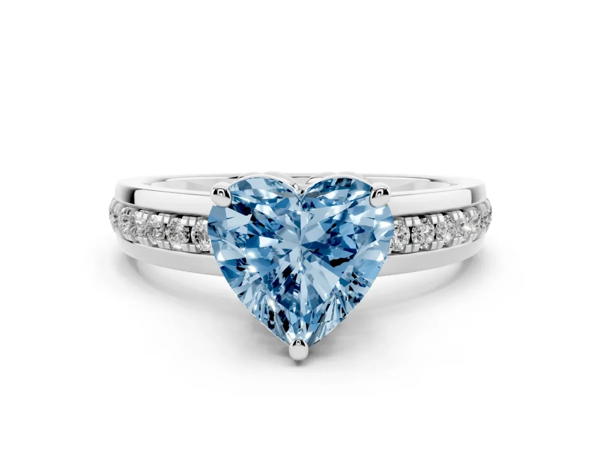 Fancy Blue Heart Cut Solitaire Diamond Ring with Channel Set Band and Six-Prong Setting Platinum