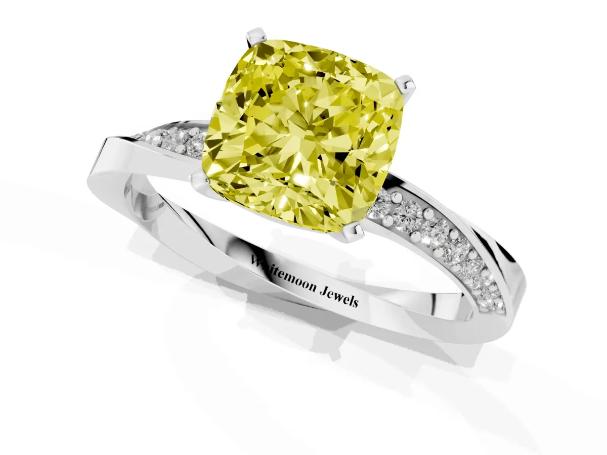 Fancy Yellow Cushion Cut Diamond Engagement Ring with Side Stone Accents and Four-Prong Setting Platinum