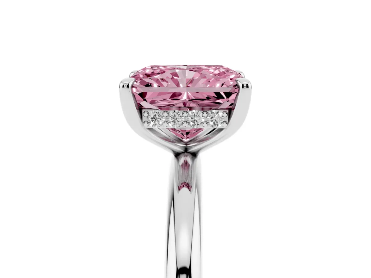 Fancy Pink Radiant Cut Diamond Solitaire Ring with Thin Band and Four-Prong Setting Silver