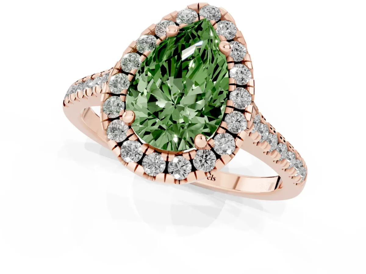 Fancy Green Pear Cut Diamond Cushion Halo Ring with Pavé Band Rose gold