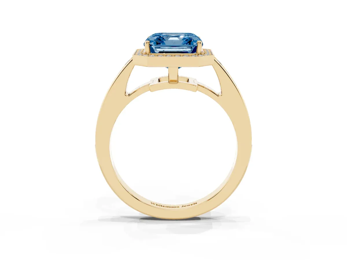 Fancy Blue Asscher Cut Halo Pavé Diamond Engagement Ring with Bezel Setting Yellow gold