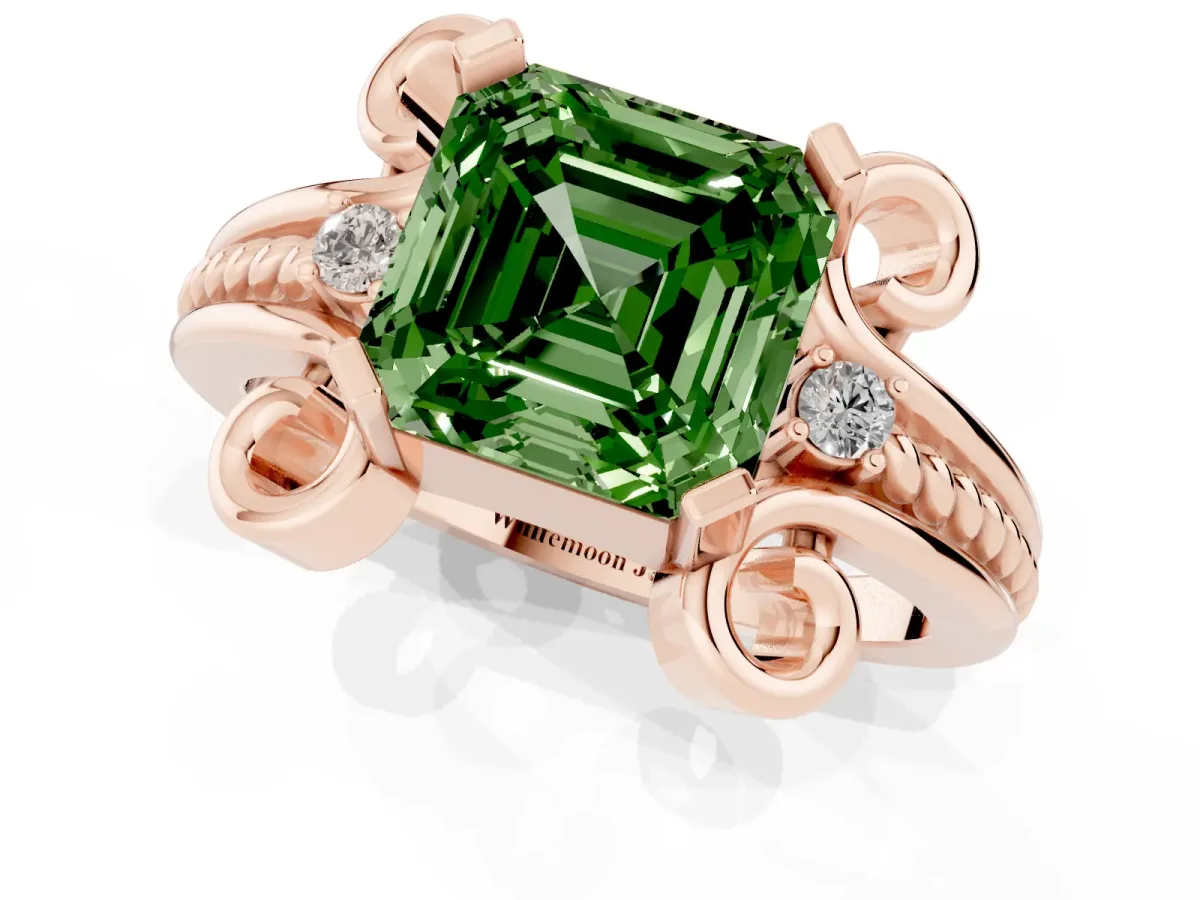 Fancy Green Asscher Cut Solitaire Twisted Band Scroll Prong Ring Rose gold