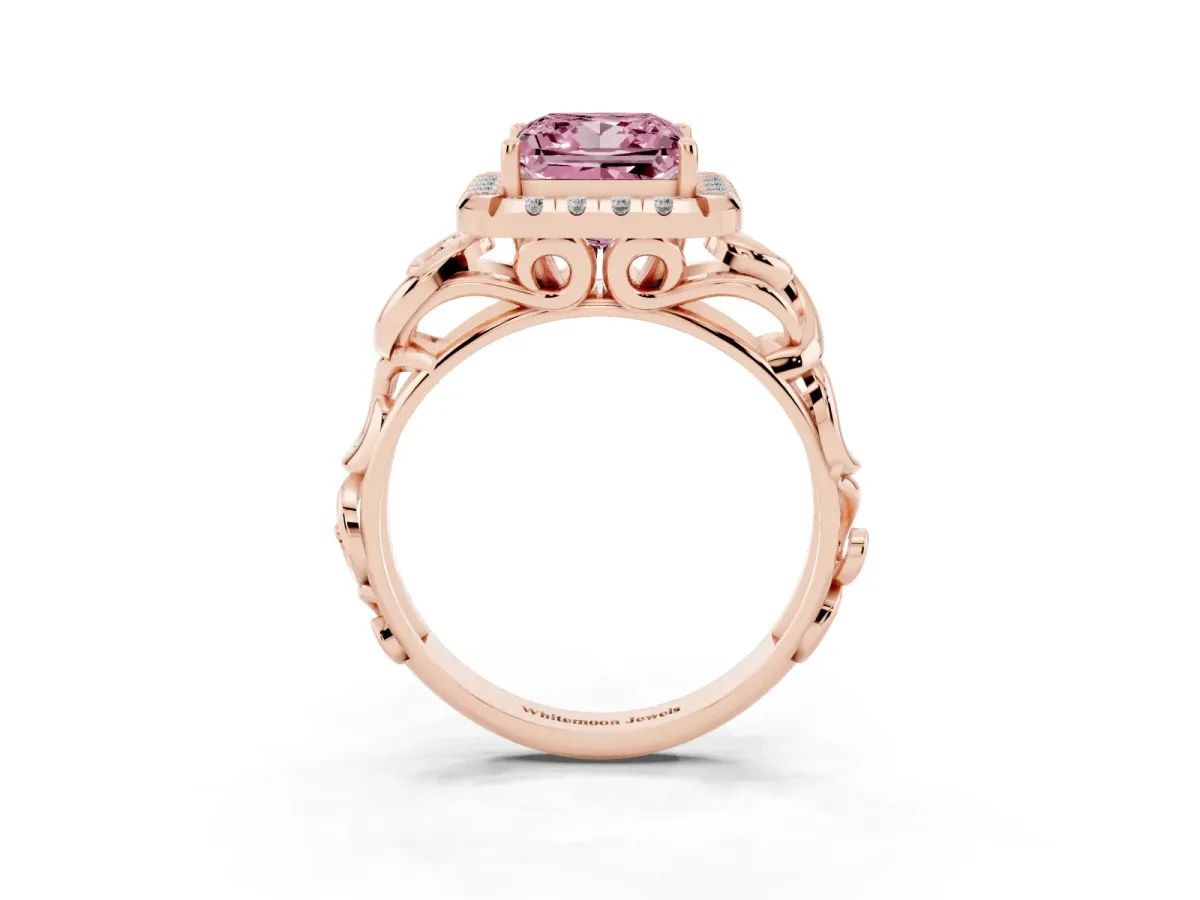 Fancy Pink Princess Cut Cut Halo Diamond Ring with Scrollwork Band and Four-Prong Setting Rose gold