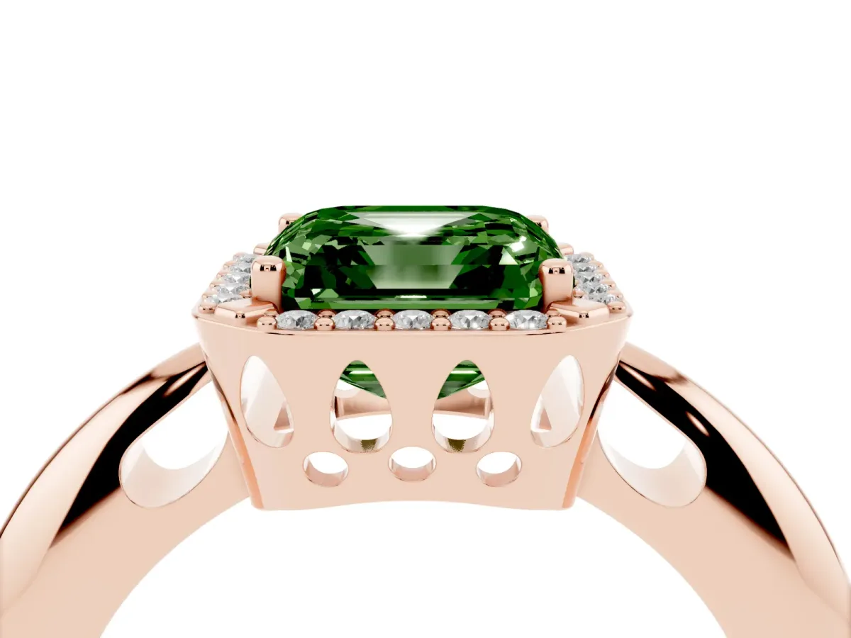 Fancy Green Asscher Cut Cut Diamond Halo Engagement Ring with Split Shank and Four-Prong Setting Rose gold