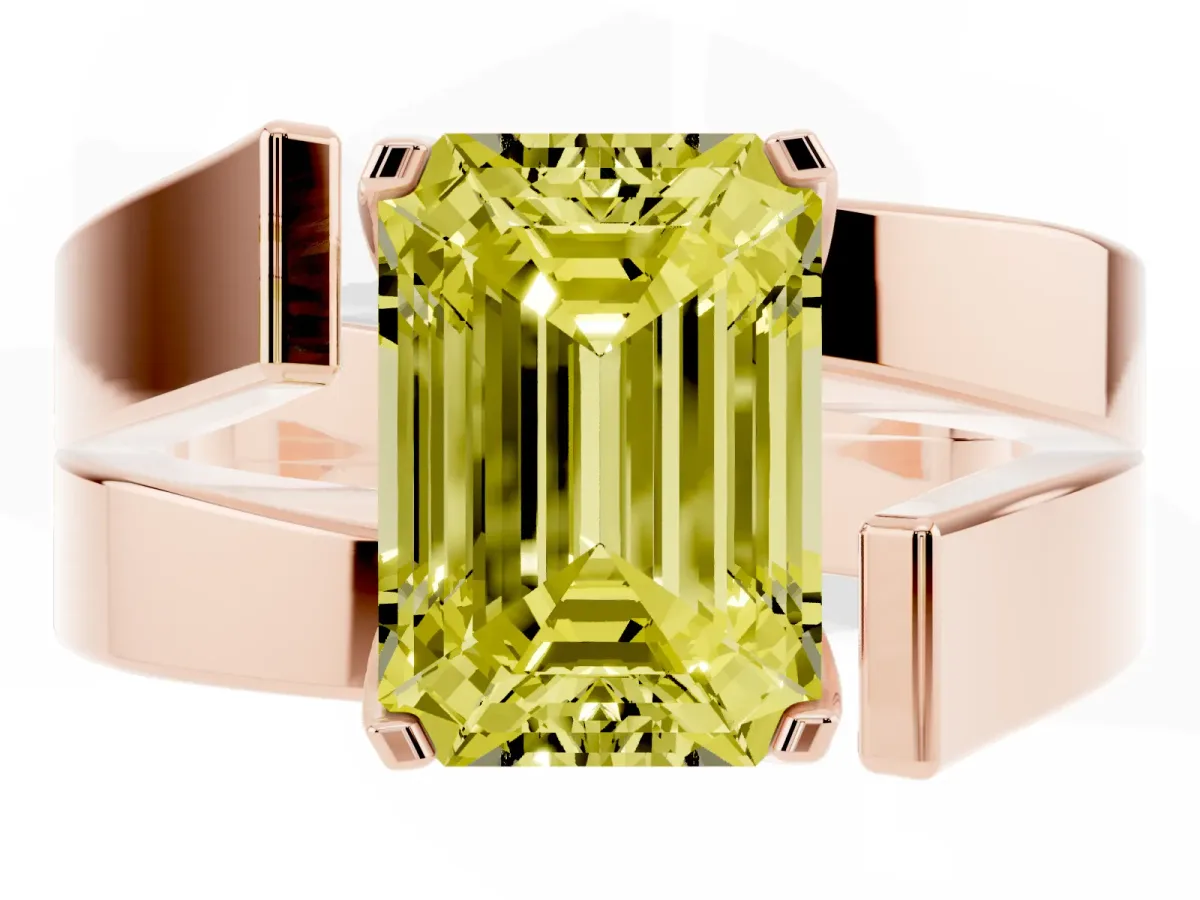 Fancy Yellow Modern Tension Set Emerald Cut Diamond Solitaire Wide Band Ring Rose gold
