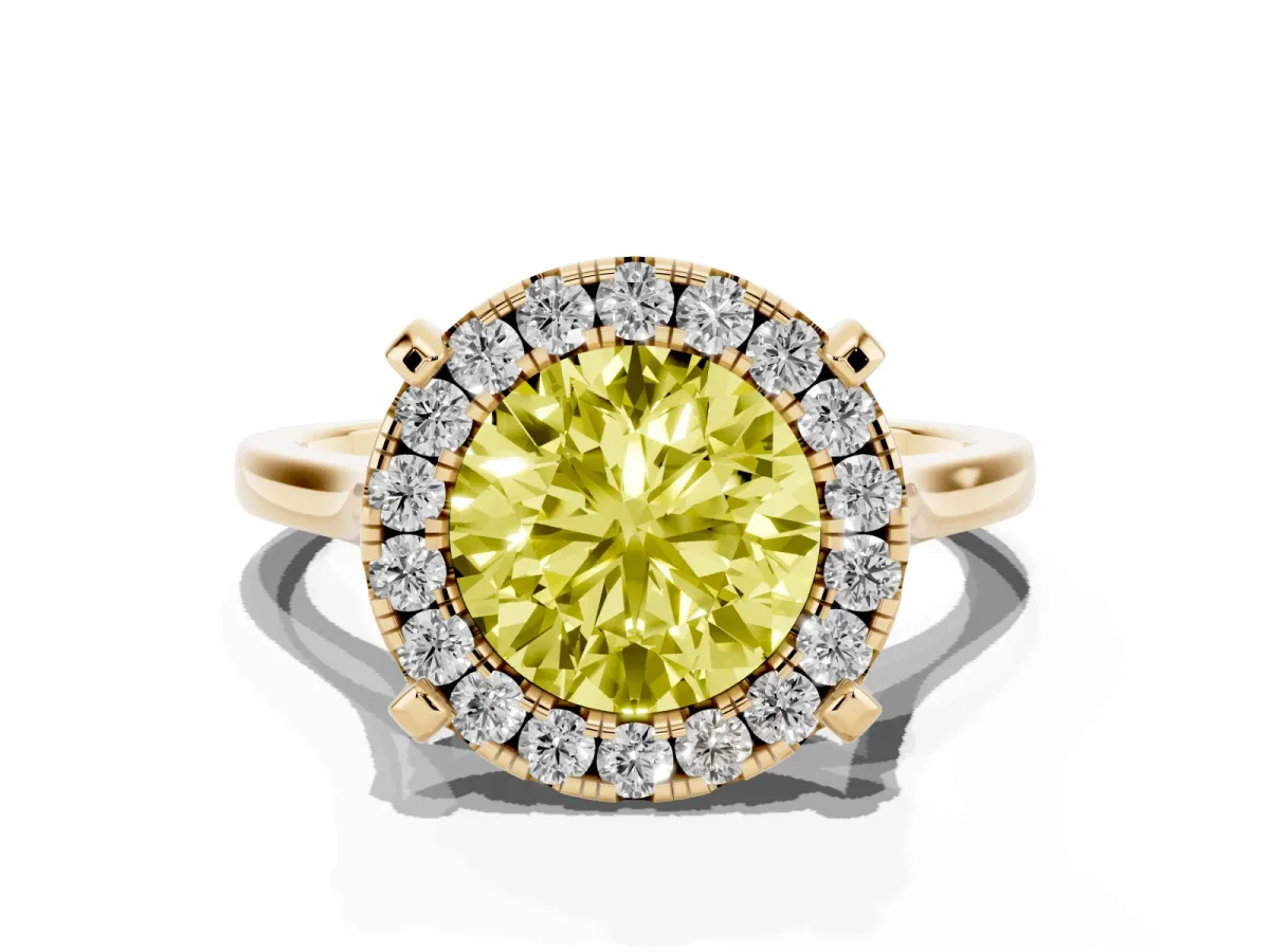 Fancy Yellow Round Cut Diamond Cluster Halo Solitaire with Four-Prong Setting Yellow gold