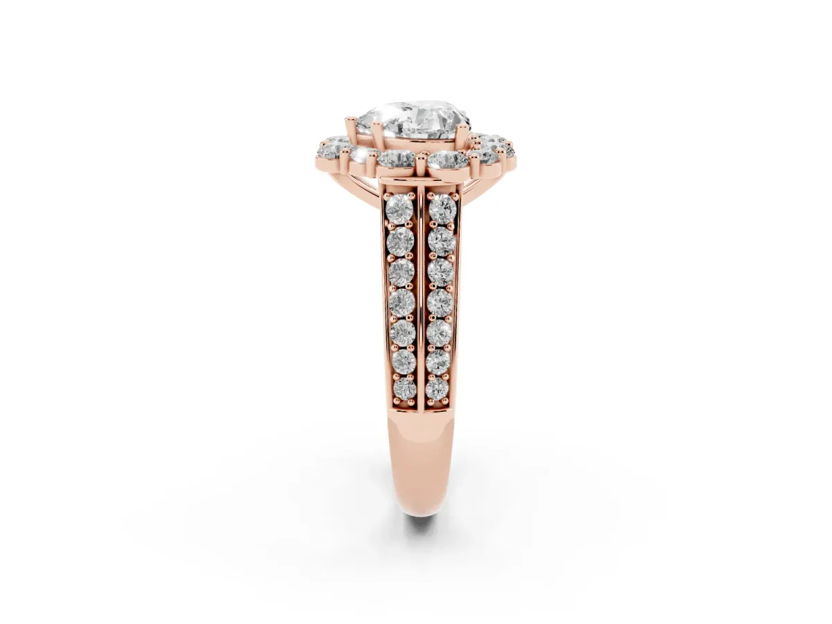 Heart Cut Halo Diamond Engagement Ring with Split Shank and Prong Setting Rose gold