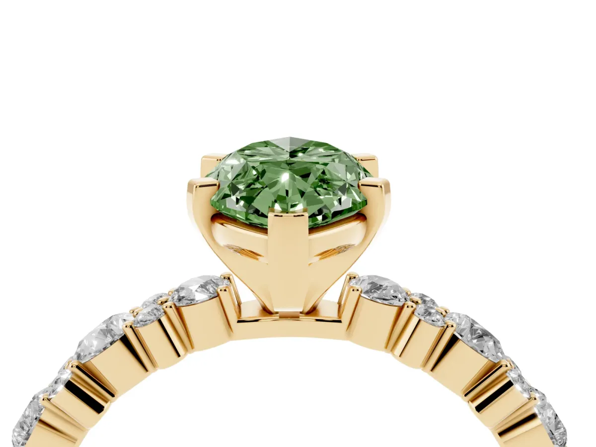 Fancy Green Marquise Cut Diamond Side Stone Solitaire Ring with Round and Four-Prong Setting Yellow gold