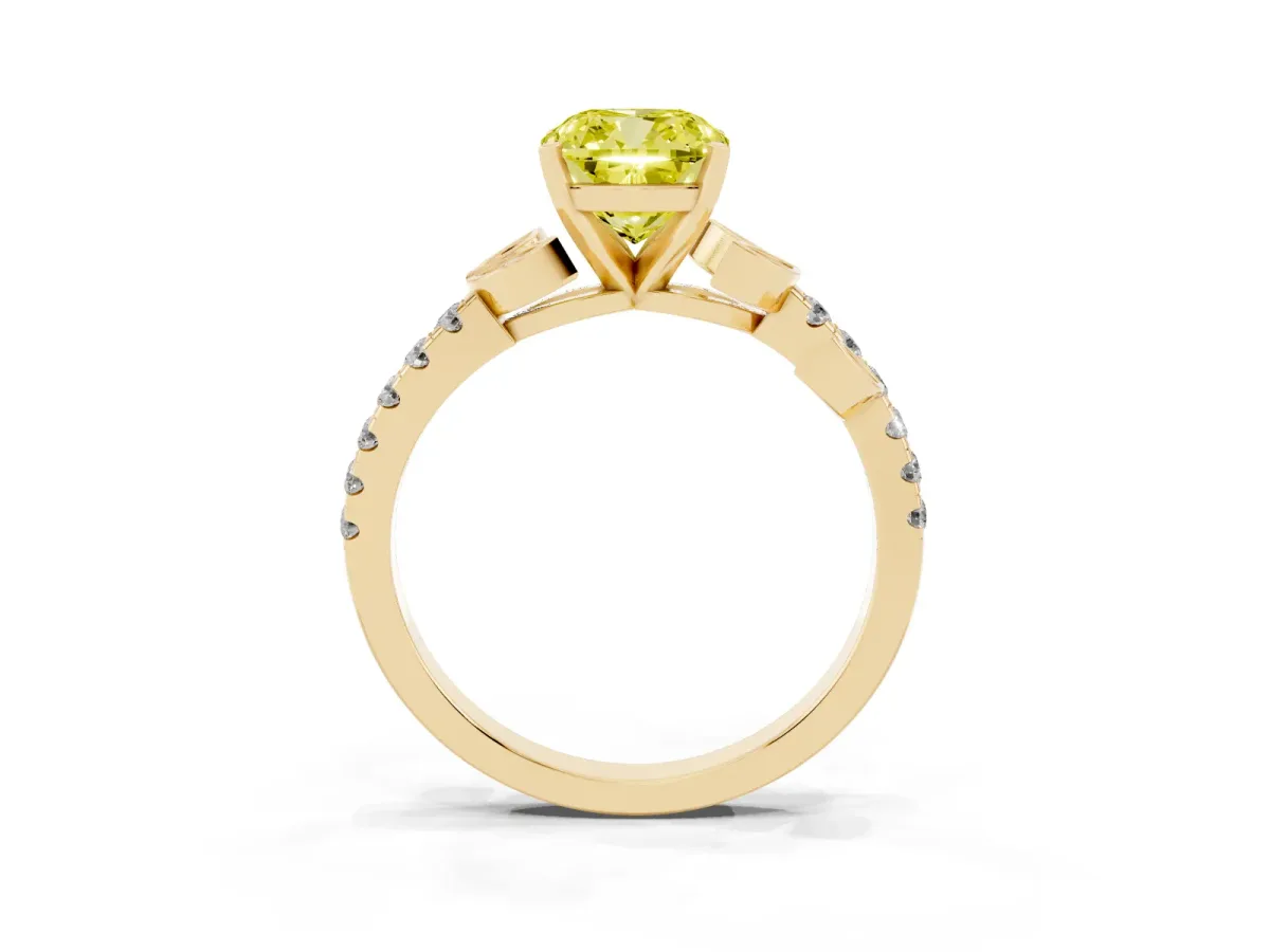 Fancy Yellow Cushion Cut Solitaire Leaf-Inspired Diamond Ring with Pavé Band and Four-Prong Setting Yellow gold