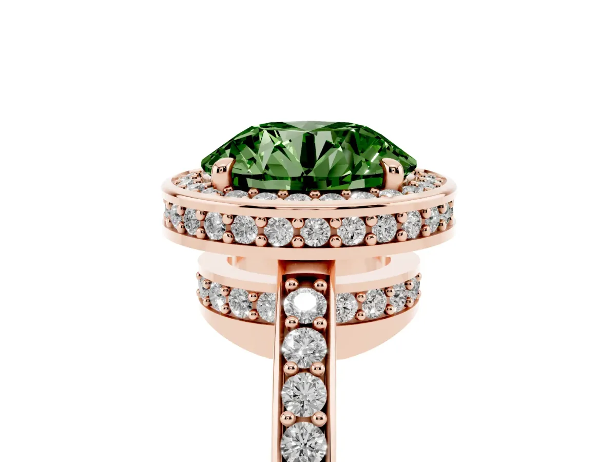 Fancy Green Round Cut Halo Pave Band Solitaire Ring with Prong Setting Rose gold