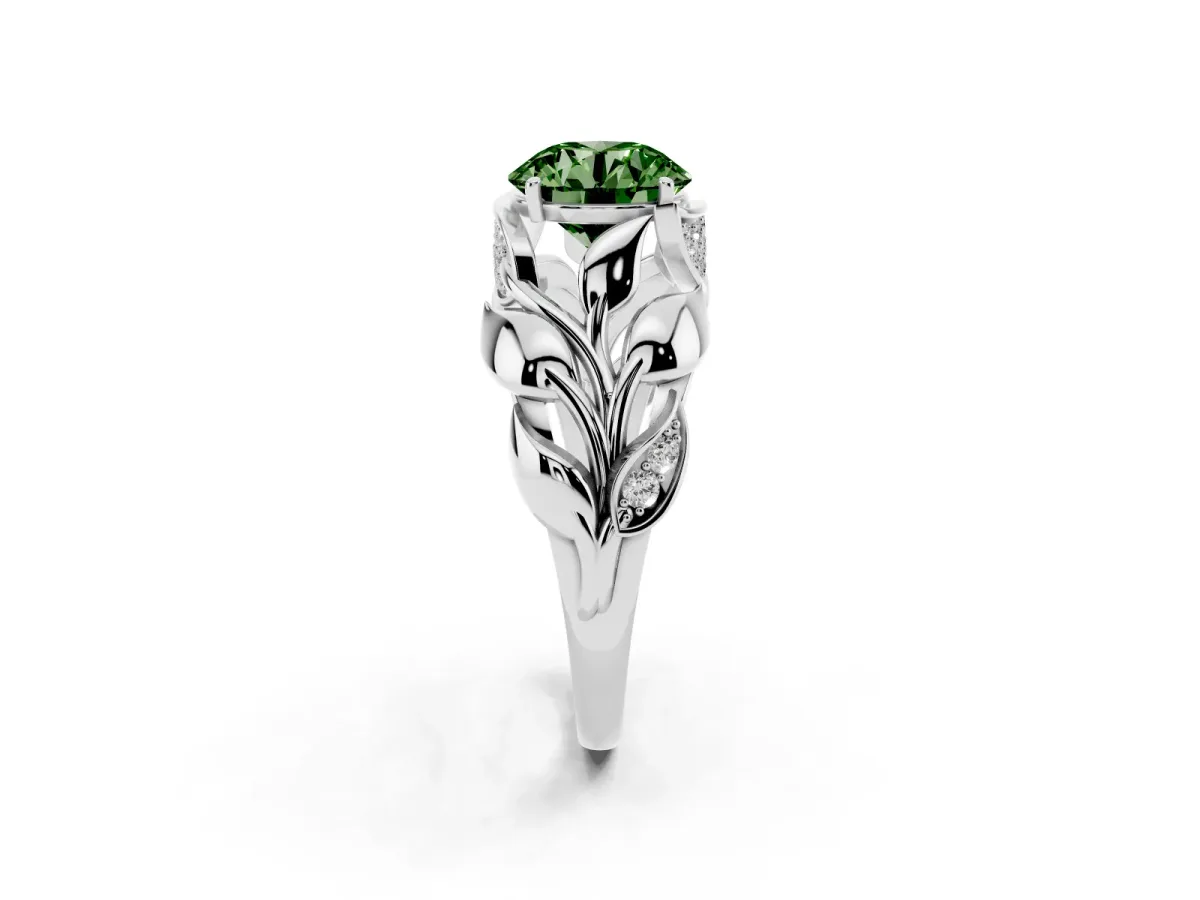 Fancy Green Round Cut Diamond Leaf-Inspired Engagement Ring with Round Accents and Prong Setting White gold