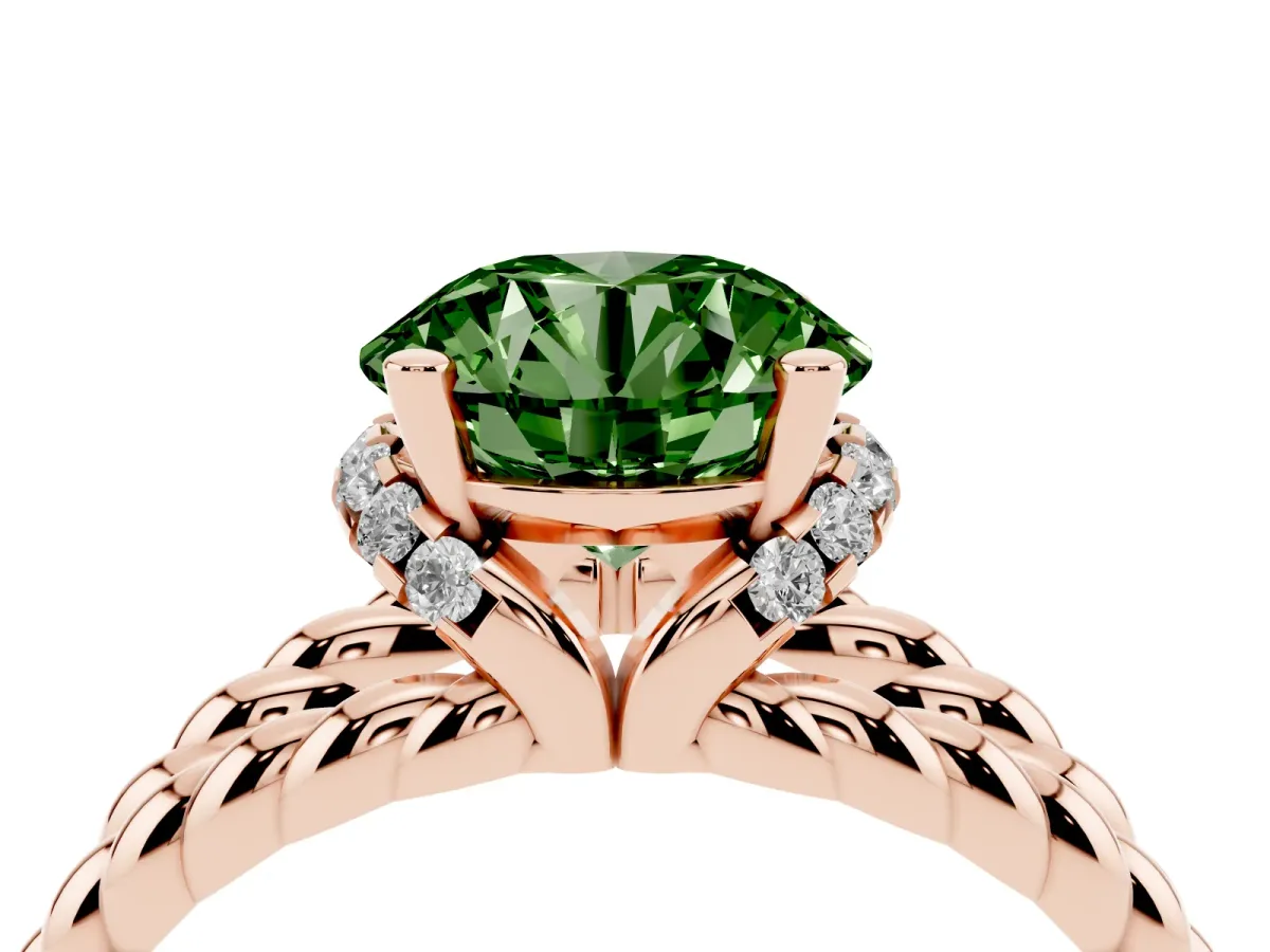 Fancy Green Round Cut Halo Twisted Band Four-Prong Ring Rose gold