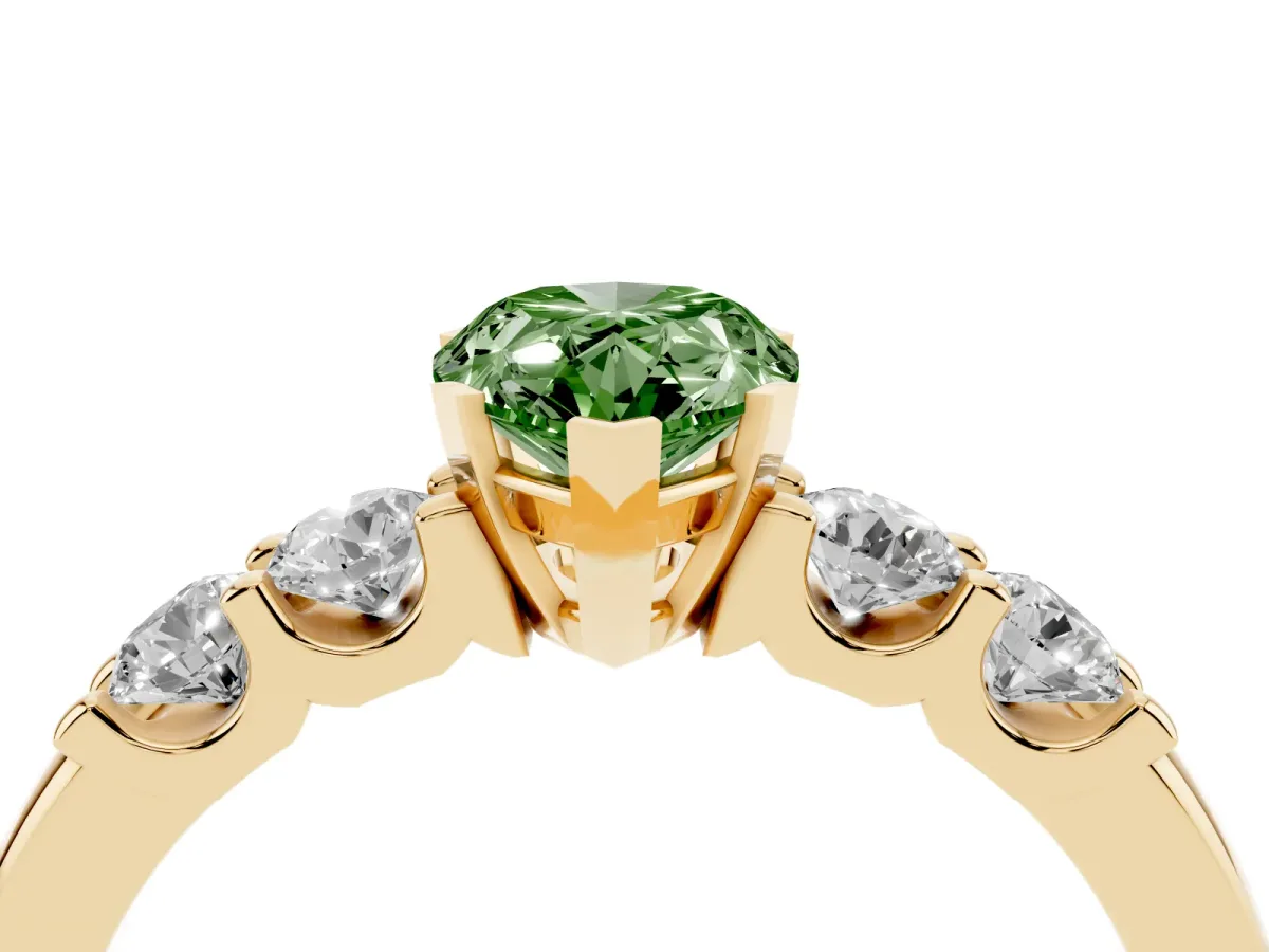 Fancy Green Pear Cut Brilliant Cut Diamond Five-Stone Prong Set Engagement Ring with Channel Band Yellow gold