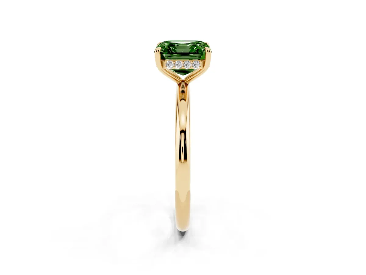 Fancy Green Asscher Cut Diamond Solitaire Ring with Thin Band and Four-Prong Setting Yellow gold