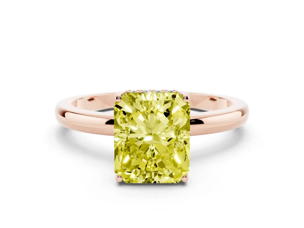 Fancy Yellow Radiant Cut Solitaire Diamond Ring with Prong Setting and Plain Band Rose gold